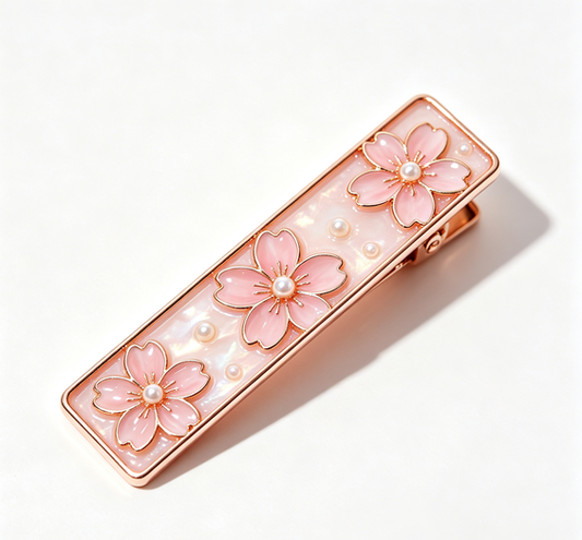 Handmade Unique Cherry Blossom Pearl Hair Clip, Rose Gold Floral Rectangle Hair Barrette for Women Hairstyle Decor