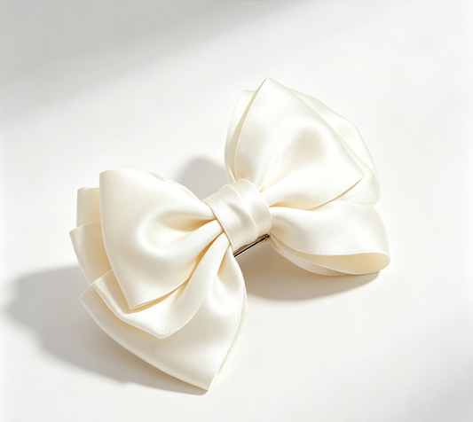 Handmade Unique Ivory Satin Large Bow Hair Barrette, Elegant Silky Bow Hair Clip for Women Hairstyle Decor