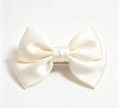 Handmade Unique Ivory Satin Large Bow Hair Barrette, Elegant Silky Bow Hair Clip for Women Hairstyle Decor
