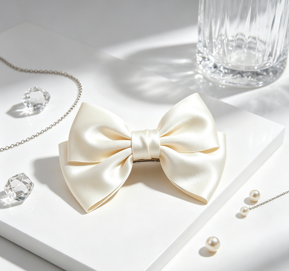 Handmade Unique Ivory Satin Large Bow Hair Barrette, Elegant Silky Bow Hair Clip for Women Hairstyle Decor