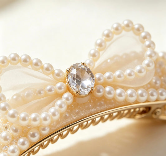 One-of-a-Kind Sheer Tulle Pearl Bow Hair Barrette, Hand Inlaid Crystal & Pearl Decorative Hair Clip, Romantic Vintage Hair Jewelry for Women & Brides