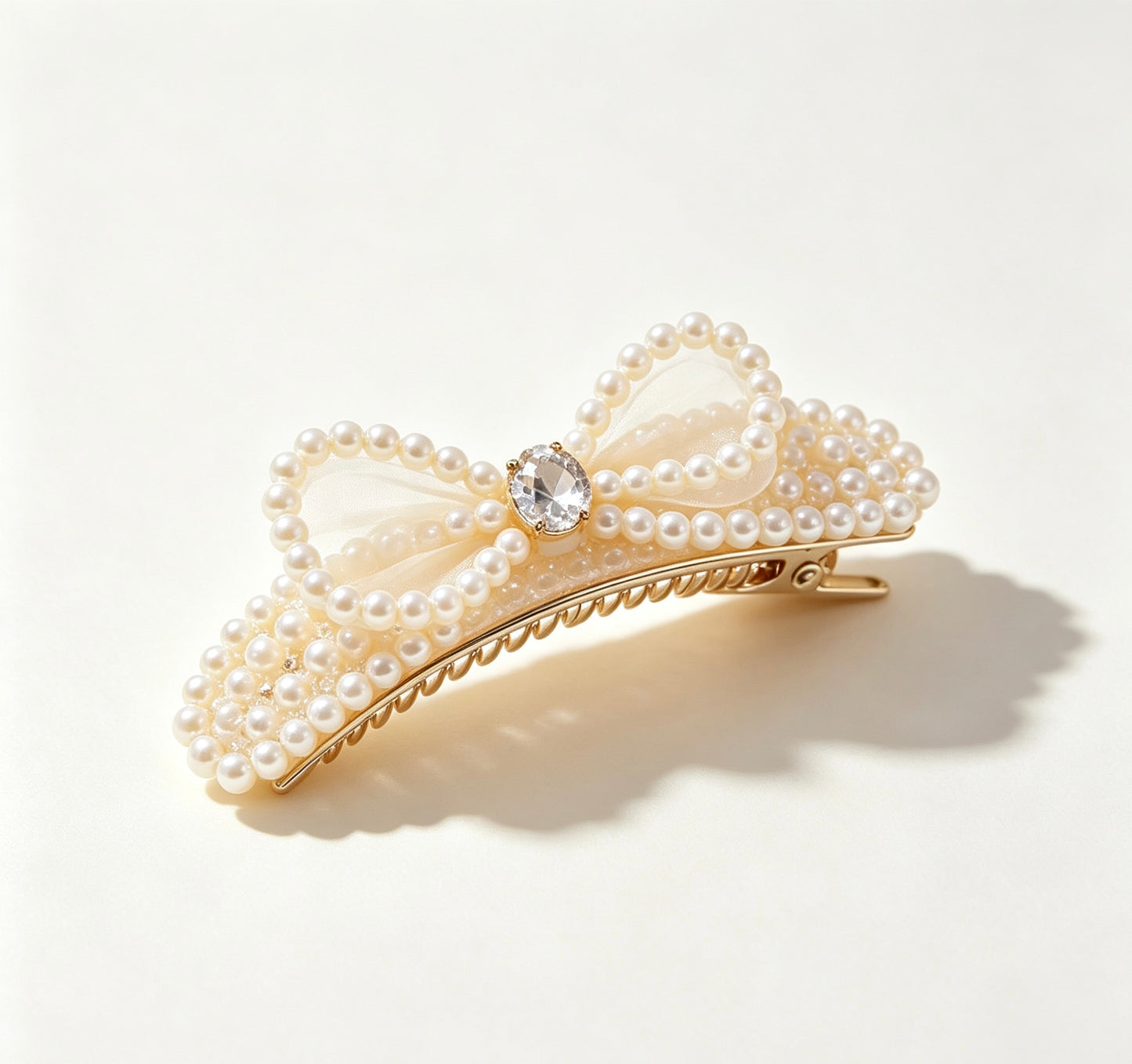 One-of-a-Kind Sheer Tulle Pearl Bow Hair Barrette, Hand Inlaid Crystal & Pearl Decorative Hair Clip, Romantic Vintage Hair Jewelry for Women & Brides