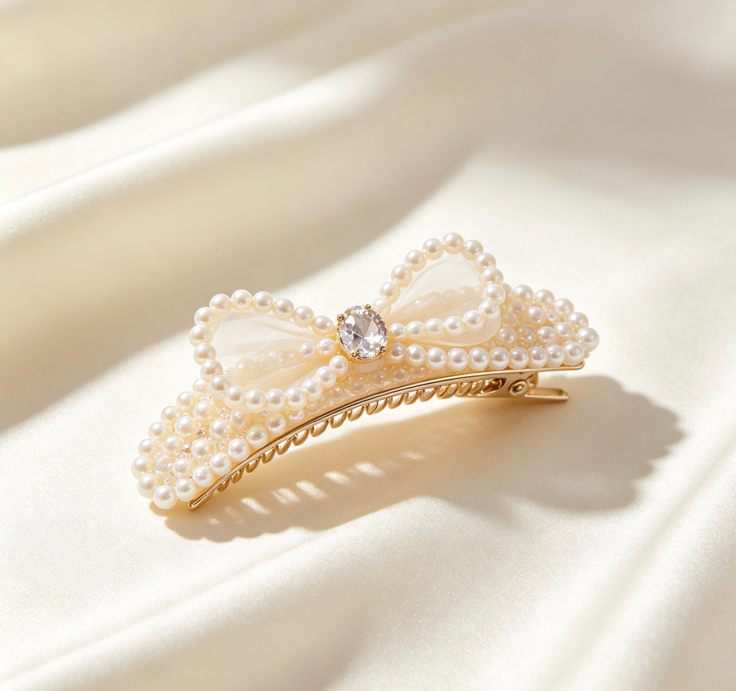 One-of-a-Kind Sheer Tulle Pearl Bow Hair Barrette, Hand Inlaid Crystal & Pearl Decorative Hair Clip, Romantic Vintage Hair Jewelry for Women & Brides