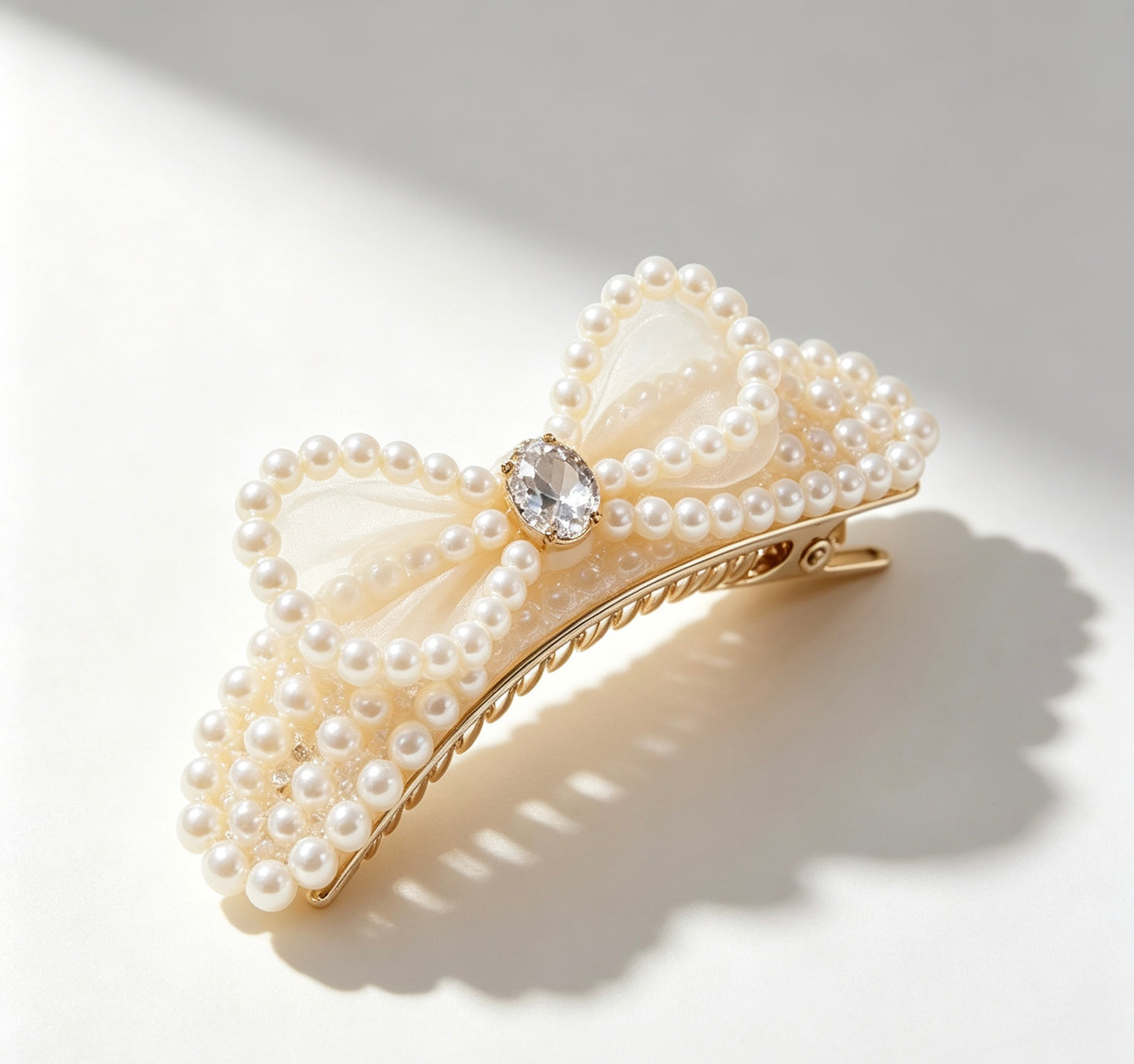 One-of-a-Kind Sheer Tulle Pearl Bow Hair Barrette, Hand Inlaid Crystal & Pearl Decorative Hair Clip, Romantic Vintage Hair Jewelry for Women & Brides
