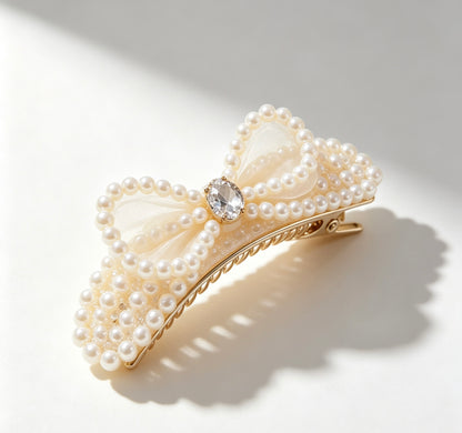 One-of-a-Kind Sheer Tulle Pearl Bow Hair Barrette, Hand Inlaid Crystal & Pearl Decorative Hair Clip, Romantic Vintage Hair Jewelry for Women & Brides