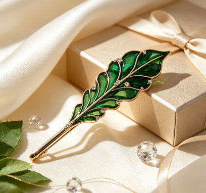 Handmade Vintage Green Enamel Leaf Hair Clip, Gold Crystal Decor Side Hair Barrette for Women Fashion Hairstyle Decor