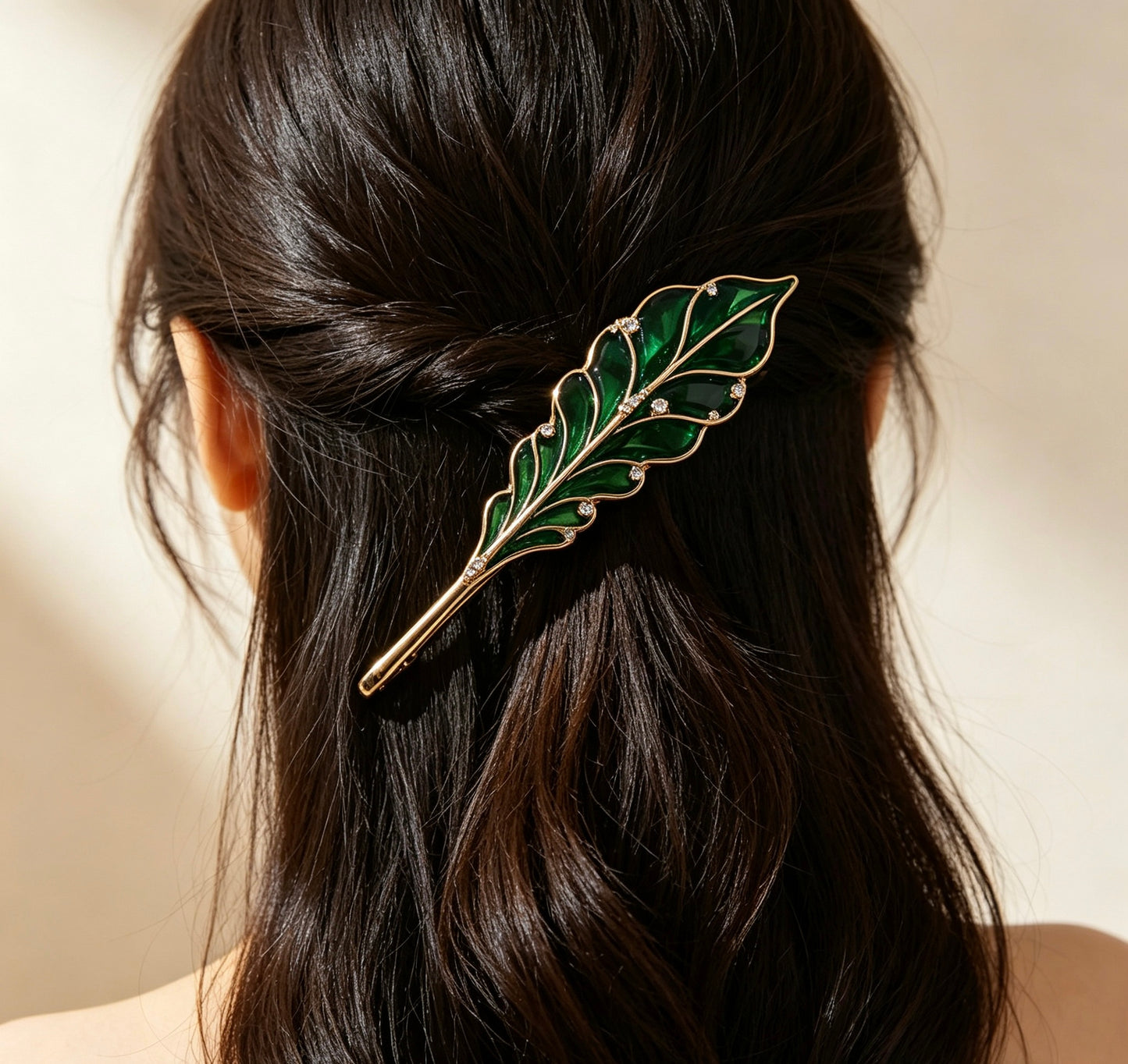 Handmade Vintage Green Enamel Leaf Hair Clip, Gold Crystal Decor Side Hair Barrette for Women Fashion Hairstyle Decor