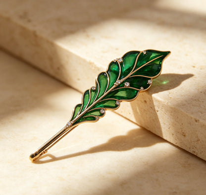 Handmade Vintage Green Enamel Leaf Hair Clip, Gold Crystal Decor Side Hair Barrette for Women Fashion Hairstyle Decor