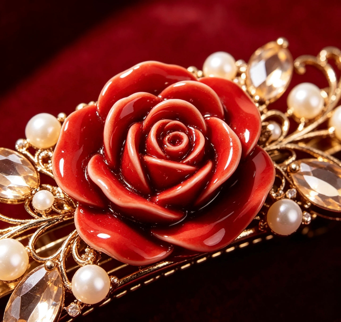 Handmade Vintage Red Rose Pearl Hair Clip, Gold Filigree Champagne Crystal Spring Barrette, Women Formal Hairstyle Decor Accessory
