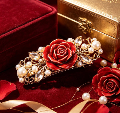 Handmade Vintage Red Rose Pearl Hair Clip, Gold Filigree Champagne Crystal Spring Barrette, Women Formal Hairstyle Decor Accessory