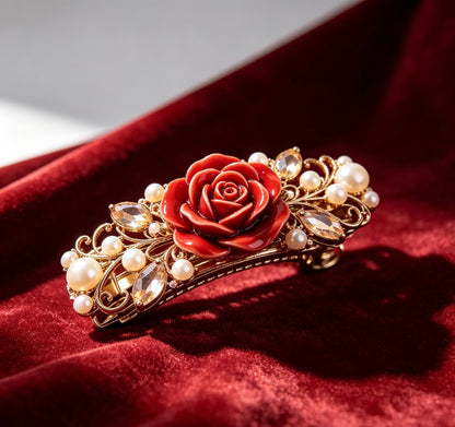 Handmade Vintage Red Rose Pearl Hair Clip, Gold Filigree Champagne Crystal Spring Barrette, Women Formal Hairstyle Decor Accessory