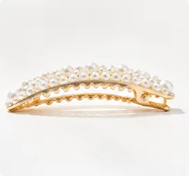 Elegant Curved Pearl Hair Barrette, One of a Kind Hand Arranged Pearl Hair Clip, Luxury Gold Tone Hair Accessory for Women for Daily, Wedding, Dating